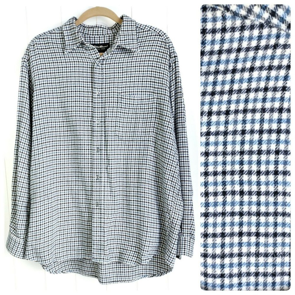 Eddie Bauer Mens button down Flannel sz Large L Blue Black White plaid